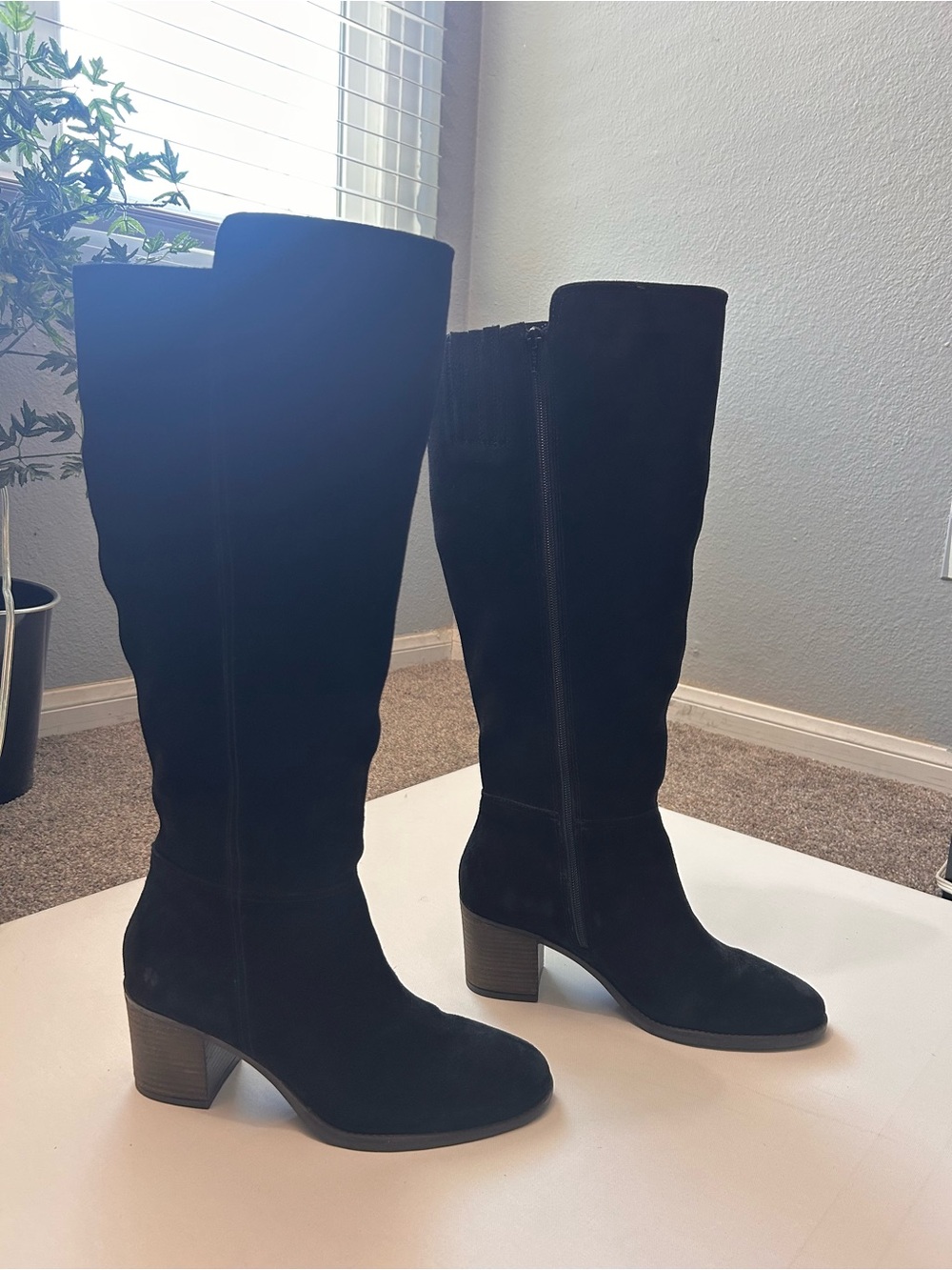 Lucky Brand Bonnay Boots Sz 10 Leather Suede Black Block Heel Knee Tall